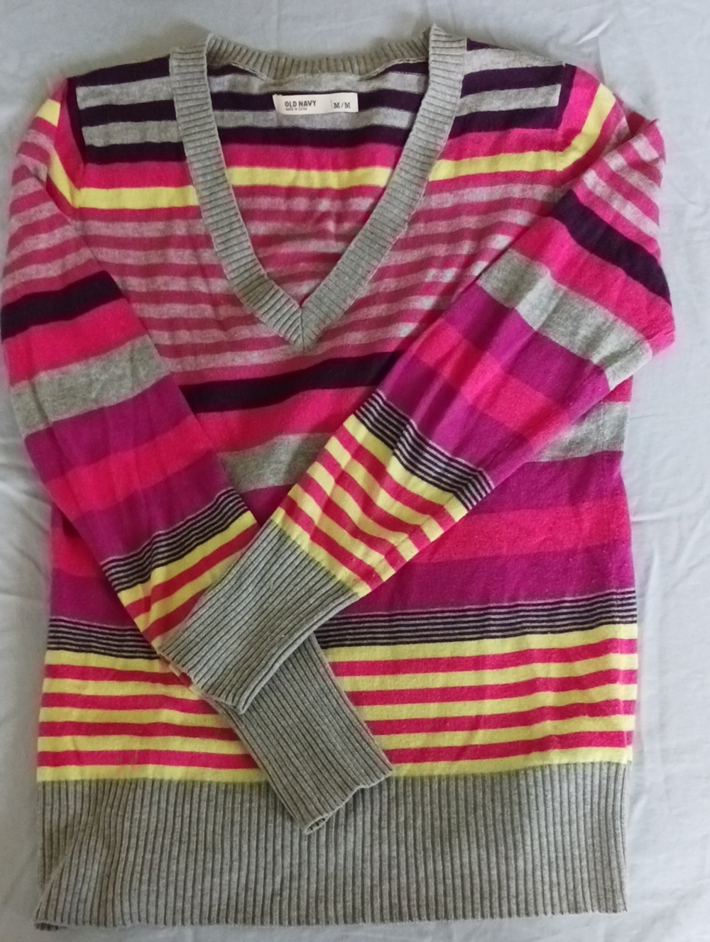 Old Navy Striped V-Neck Sweater in Pink, Gray, Yellow